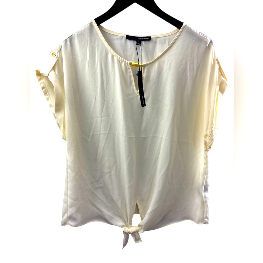 NWT Harve Benard winter white sheer blouse with tie waist cap sleeve size Large
